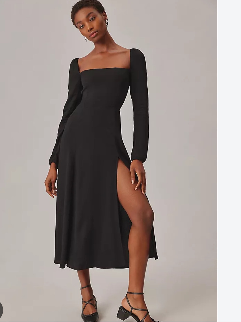Reformation Black Square-Neck Long-Sleeve Midi Dress with Side Slit
